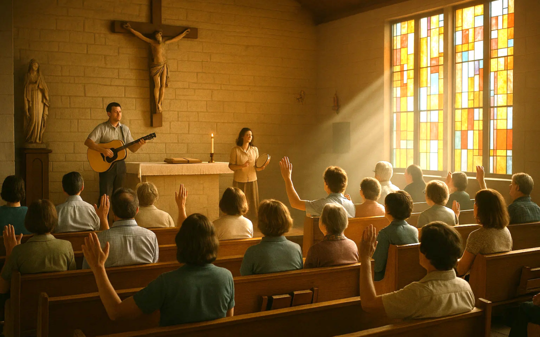 A Catholic church congregation worships with raised hands, led by a man with a guitar and a woman with a tambourine.