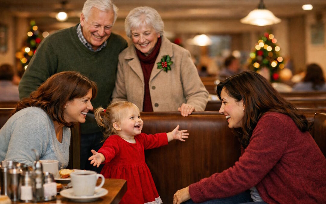 A toddler in a red dress stands in a diner reaching out happily toward seated women, while her smiling grandparents look on amid warm Christmas décor.